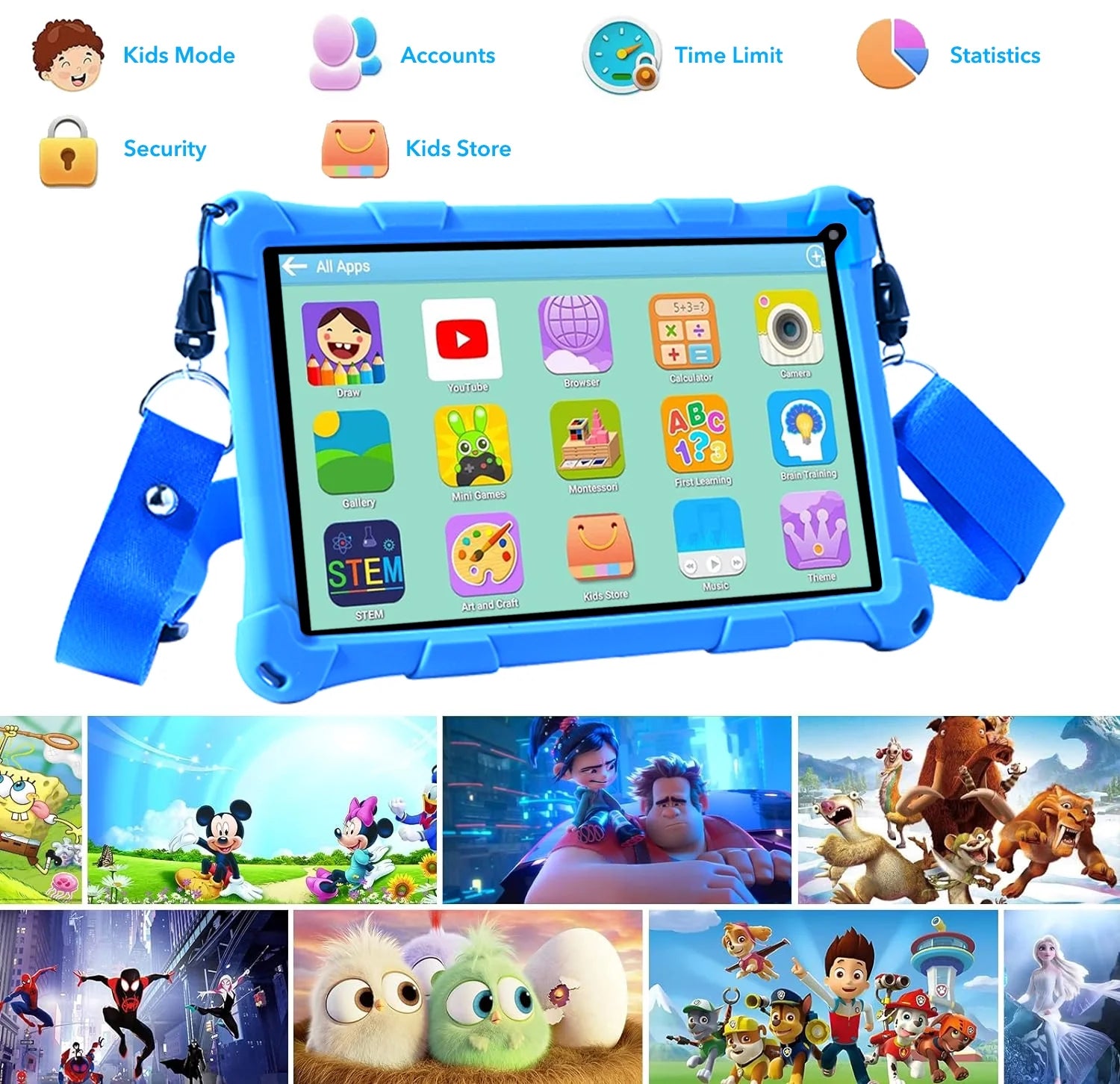 Kids Tablet, 7-Inch Kids Tablet, Android Tablet, 3+5 RAM 64GB ROM (TF CARD 256GB) Google Certified, Kids Software Pre-Installed, Wifi, Shockproof Case, Gift for Kids, (Blue)