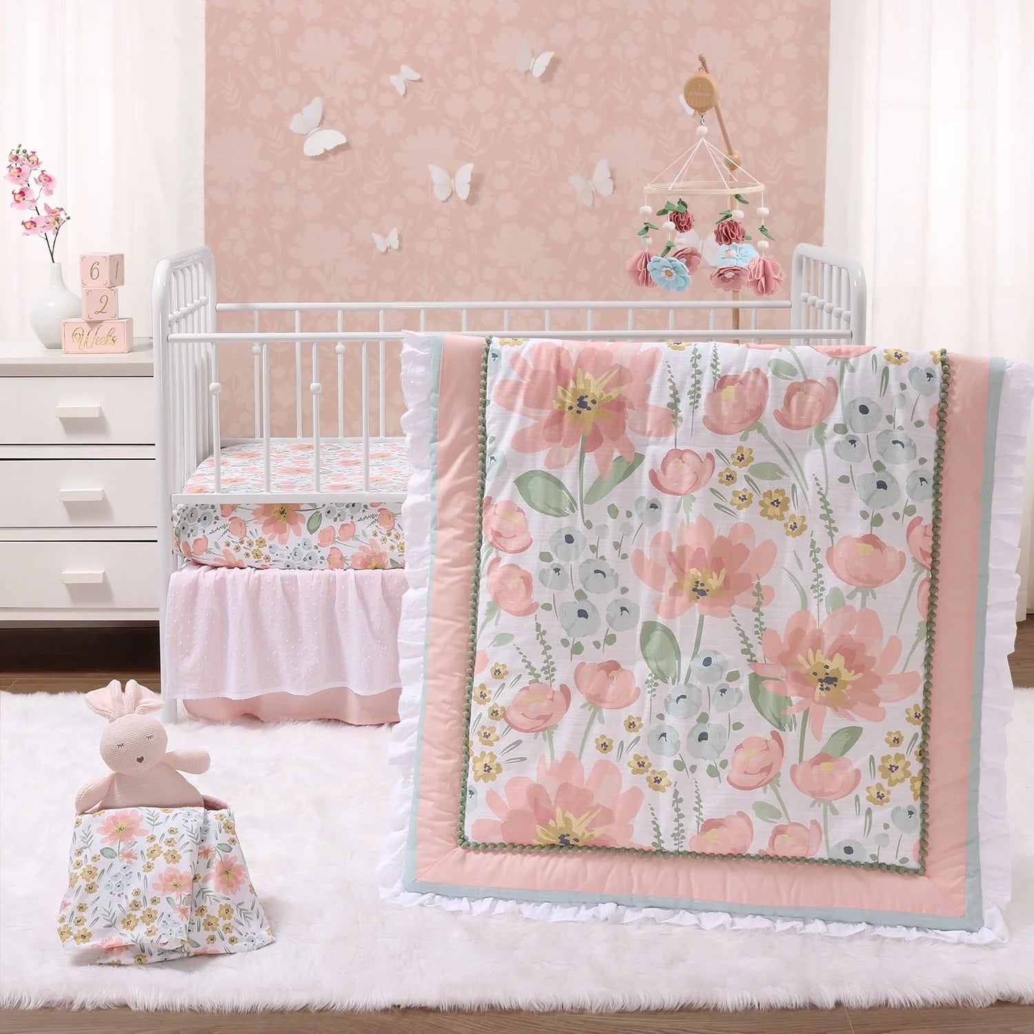 Organic Cotton Crib Bedding Set for Baby Girls, Wildflower, 4 Pieces