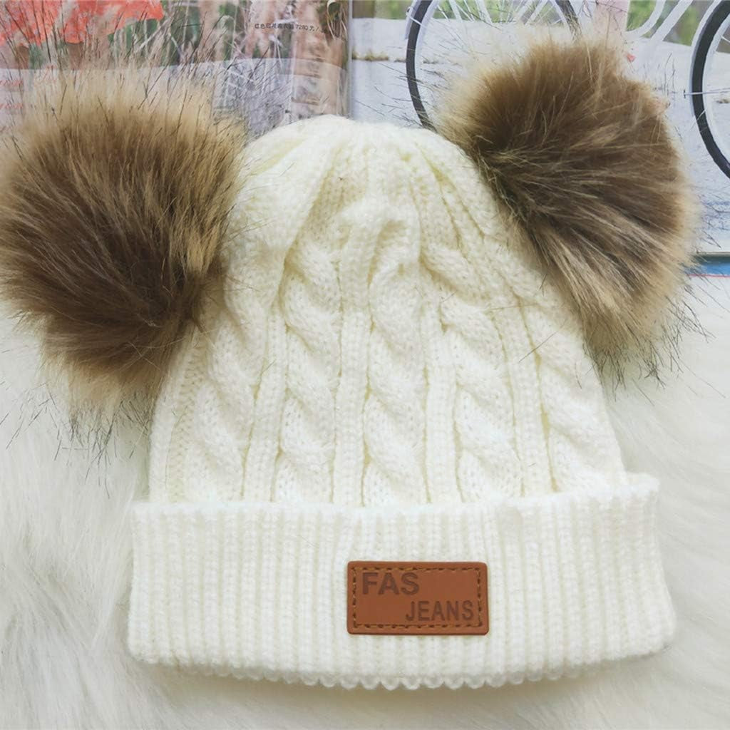 Infant Toddler Beanie Woolen Hat Pure Color Winter Twist Double Pom Pom Wool Knitted Cap for 0-3 Years Old (0-3 Years Old, B- White)