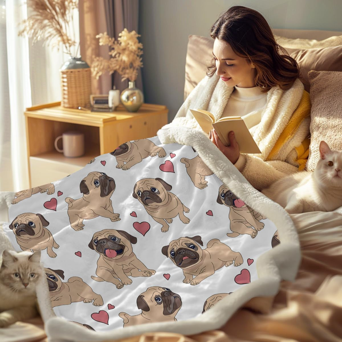 Pug Fleece Throw Blanket for Kids Adults Soft Fuzzy Cute Dog Sherpa Plush Blanket for Couch Bed, Throw(50"X 60")