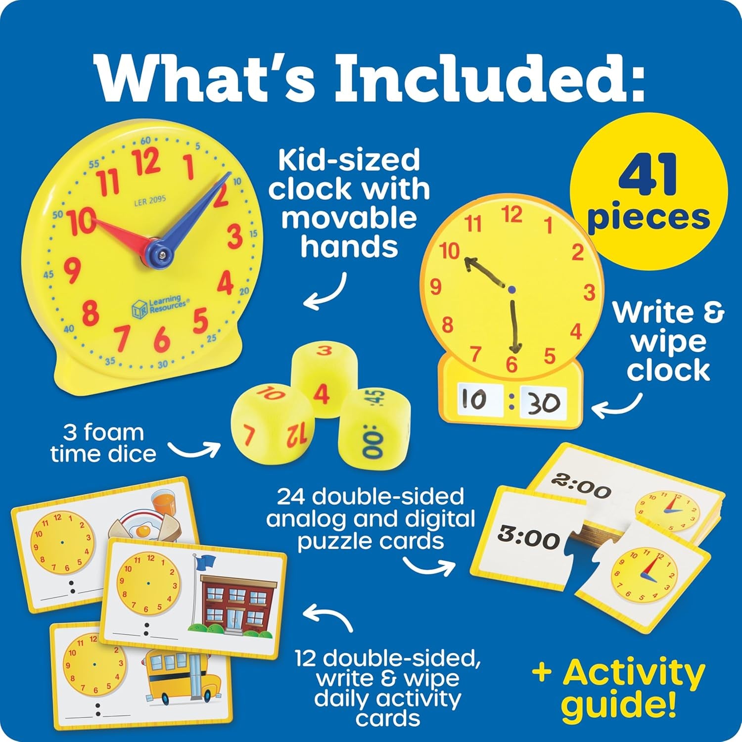 Time Activity Set - 41 Pieces, Ages 5+,Clock for Teaching Time, Telling Time, Homeschool Supplies, Montessori Clock