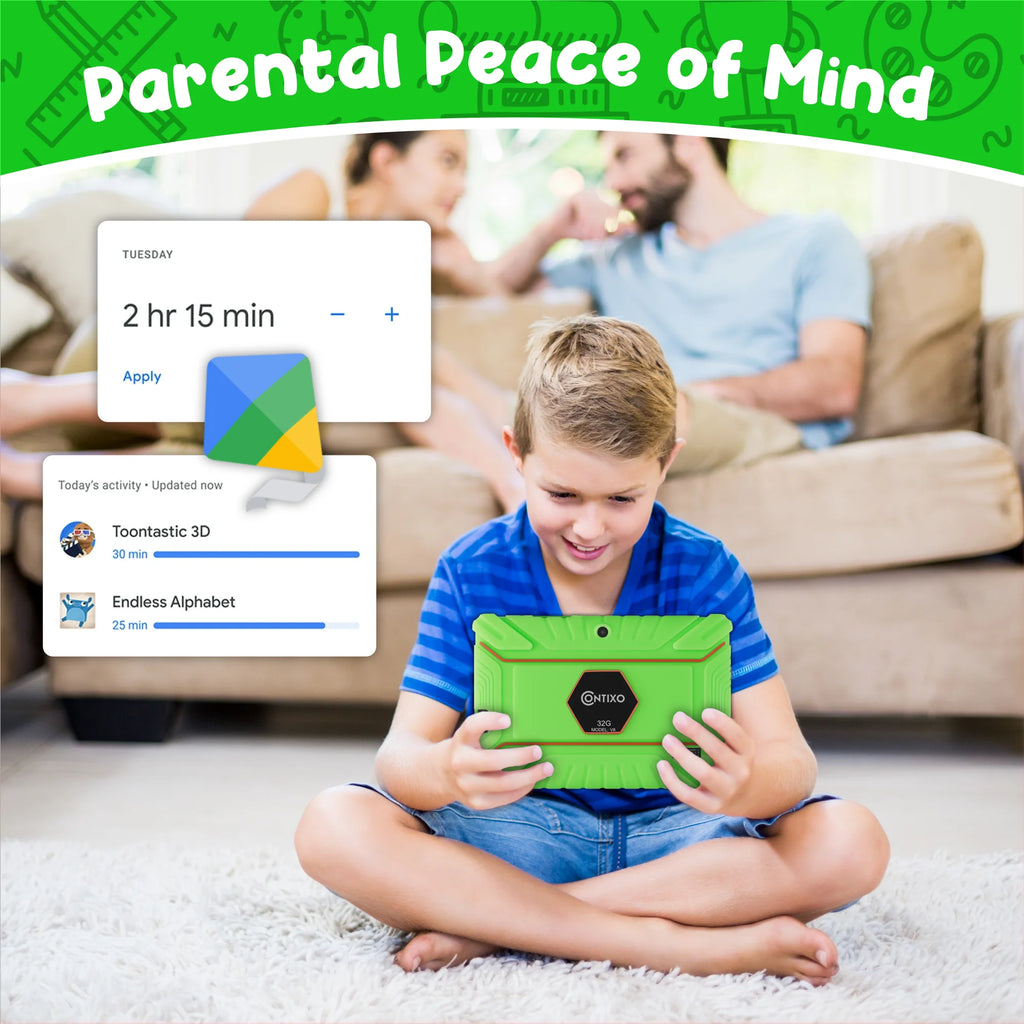 7" Kids Tablet, 2025 Model, Ages 3-7,  Academy, Kid-Proof Case, 32GB Android Tablet – Green