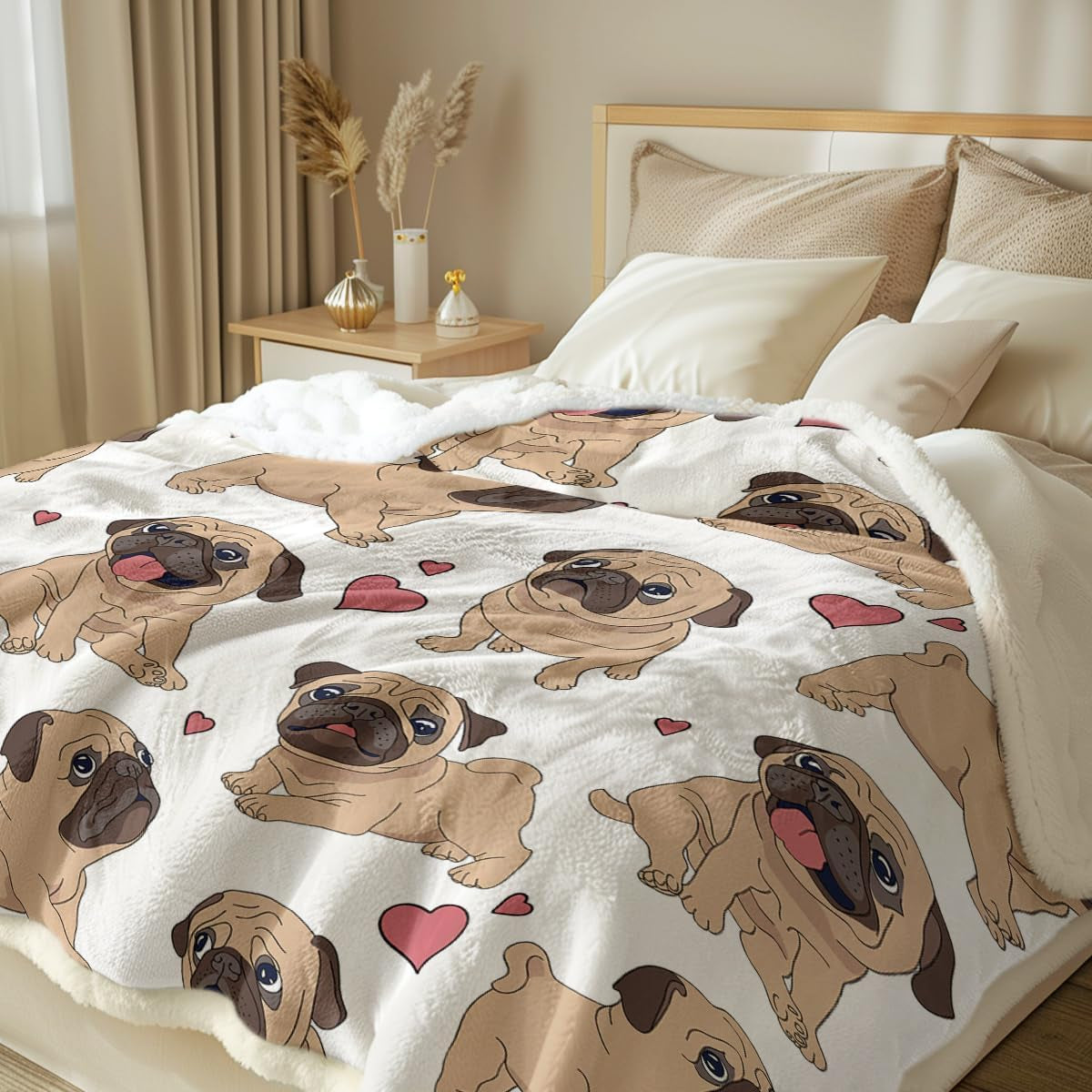 Pug Fleece Throw Blanket for Kids Adults Soft Fuzzy Cute Dog Sherpa Plush Blanket for Couch Bed, Throw(50"X 60")