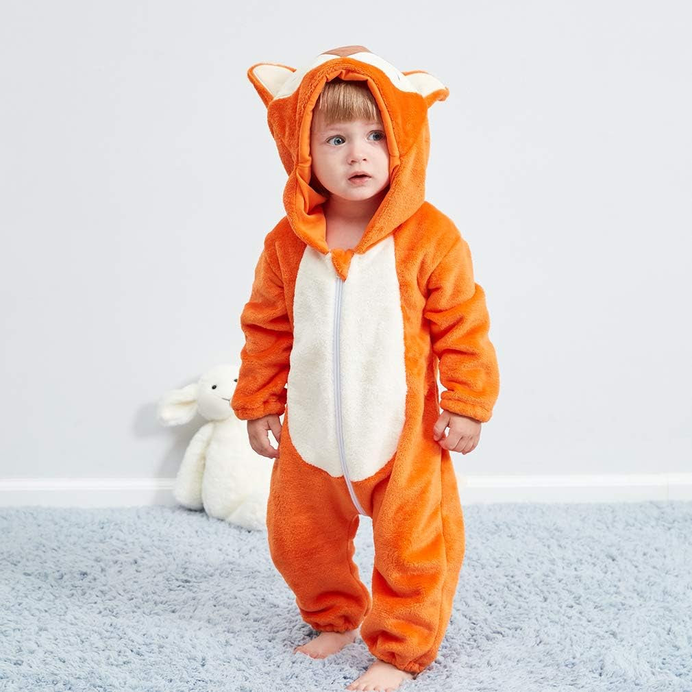 Unisex Baby Animal Costume Winter Autumn Flannel Hooded Romper Cosplay Jumpsuit