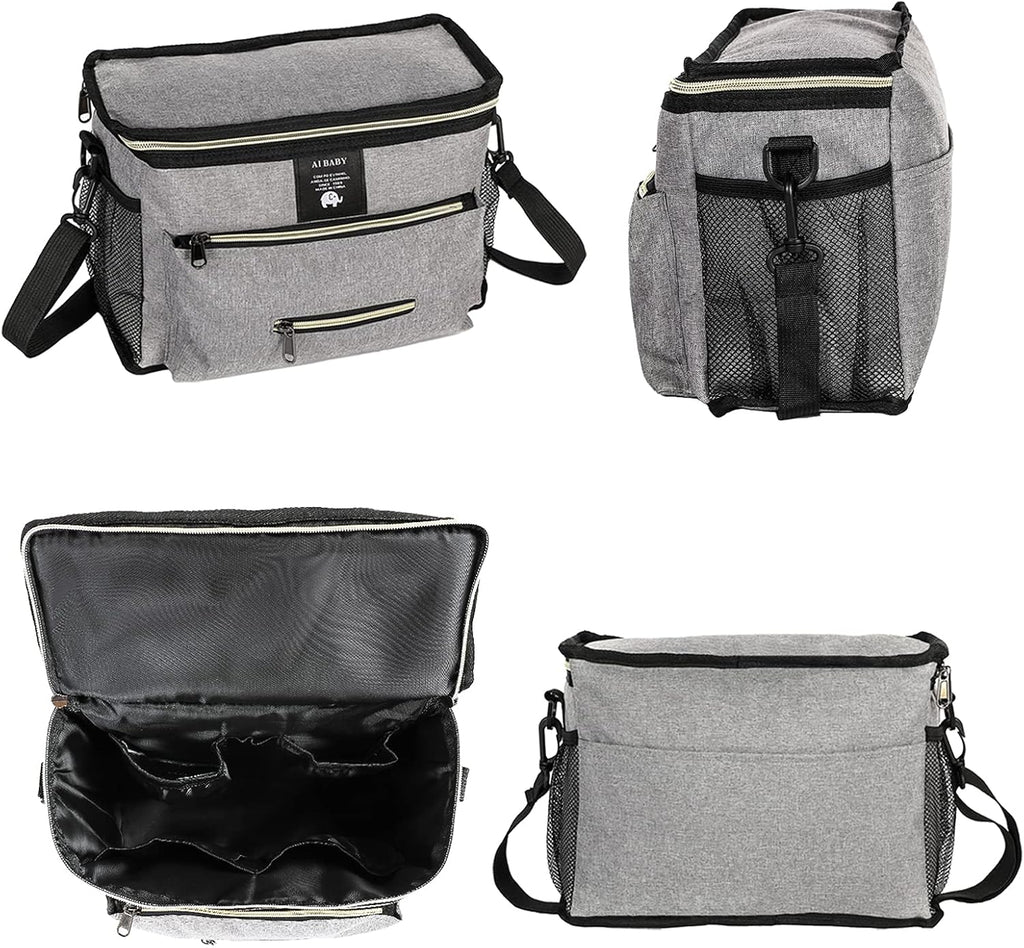 Universal Stroller Organizer with Insulated Cup Holders Inside, Large Capacity Stroller Caddy for Diapers,Wipes,Toys,Phone,Baby Bottles and More Baby Items,Rectangular Storage(Gray)