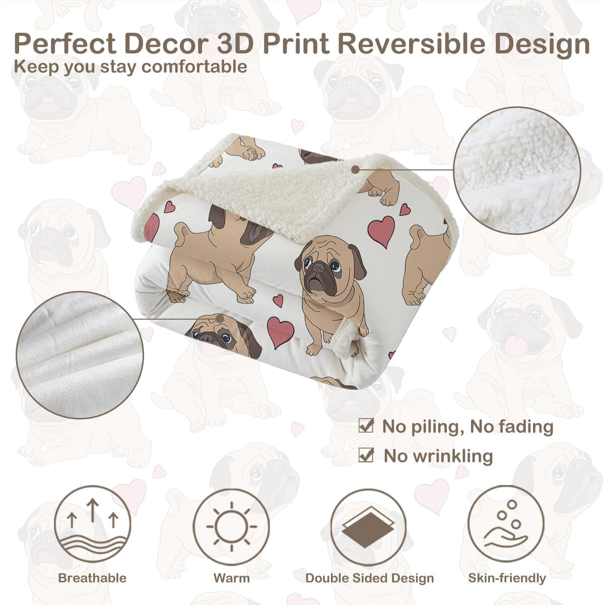 Pug Fleece Throw Blanket for Kids Adults Soft Fuzzy Cute Dog Sherpa Plush Blanket for Couch Bed, Throw(50"X 60")