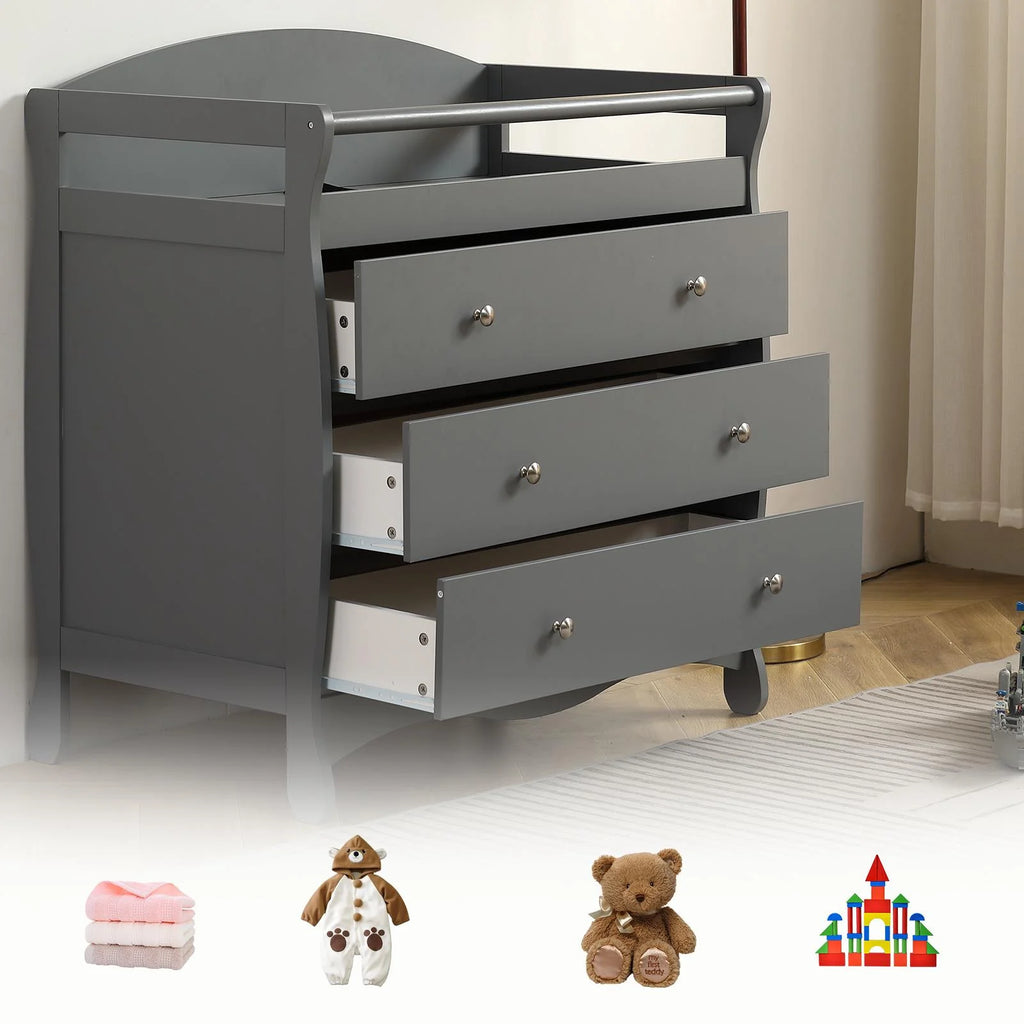 Wood Changing Table with Drawers,Baby Dresser, Infant Diaper Station Nursery Organizer, Gray