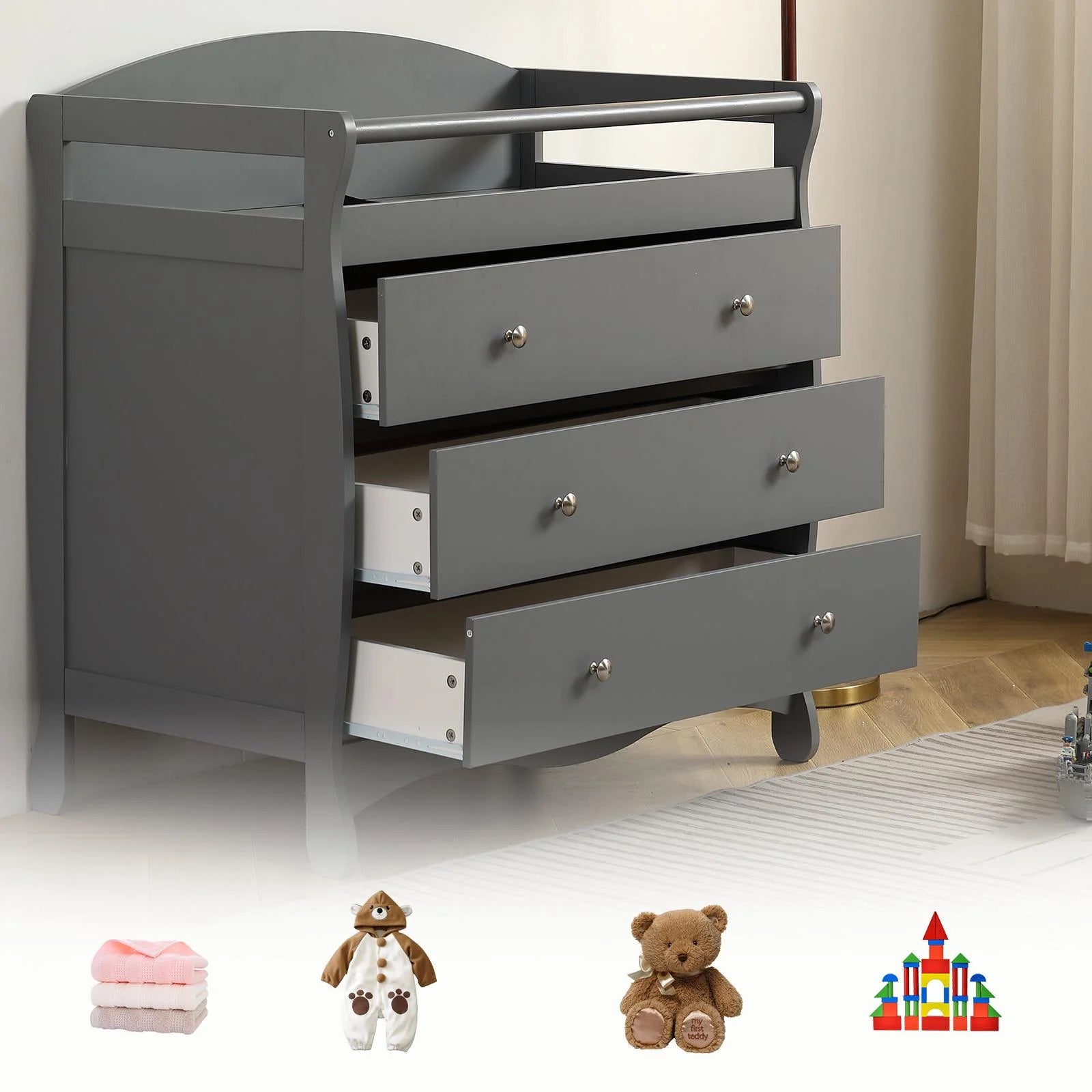 Wood Changing Table with Drawers,Baby Dresser, Infant Diaper Station Nursery Organizer, Gray