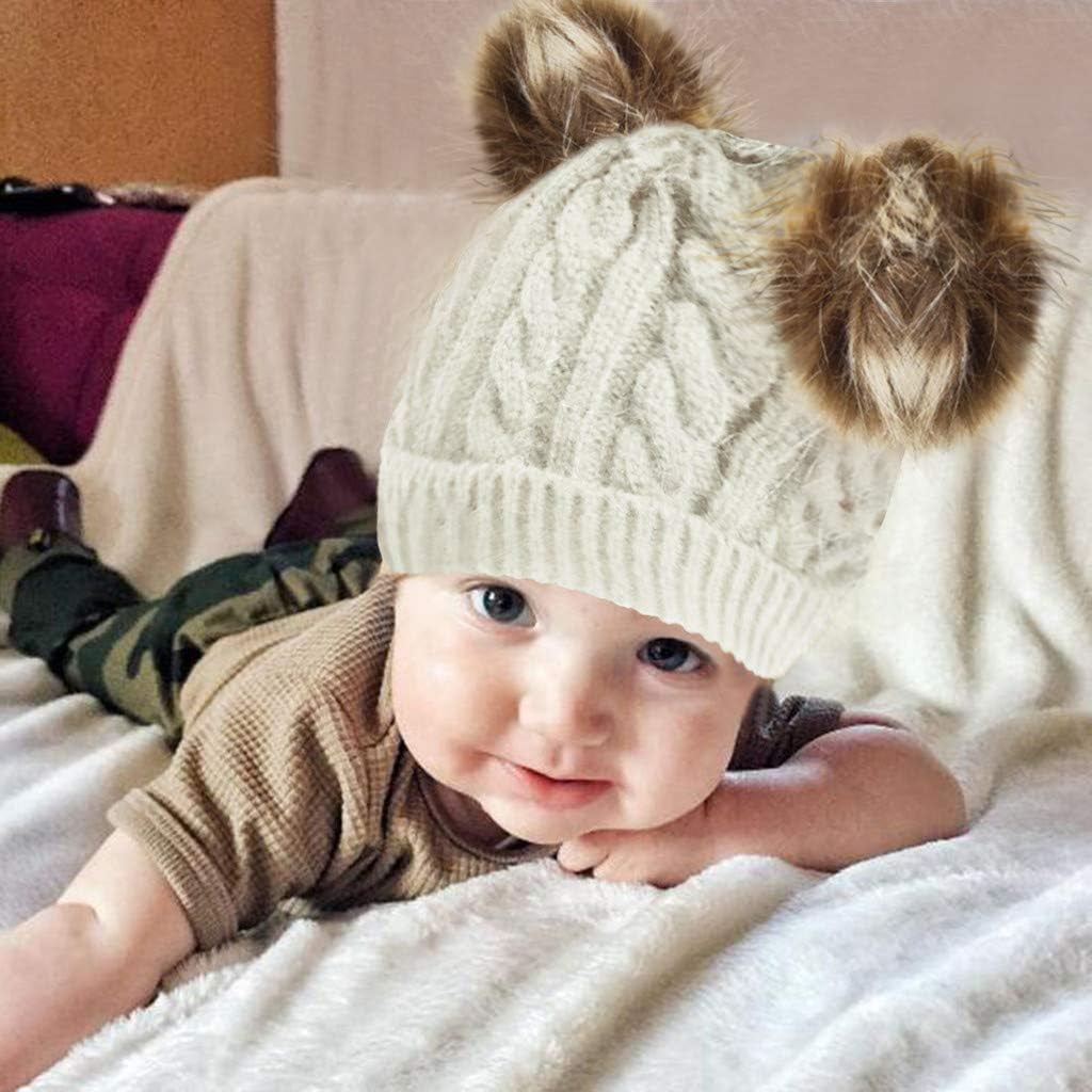 Infant Toddler Beanie Woolen Hat Pure Color Winter Twist Double Pom Pom Wool Knitted Cap for 0-3 Years Old (0-3 Years Old, B- White)