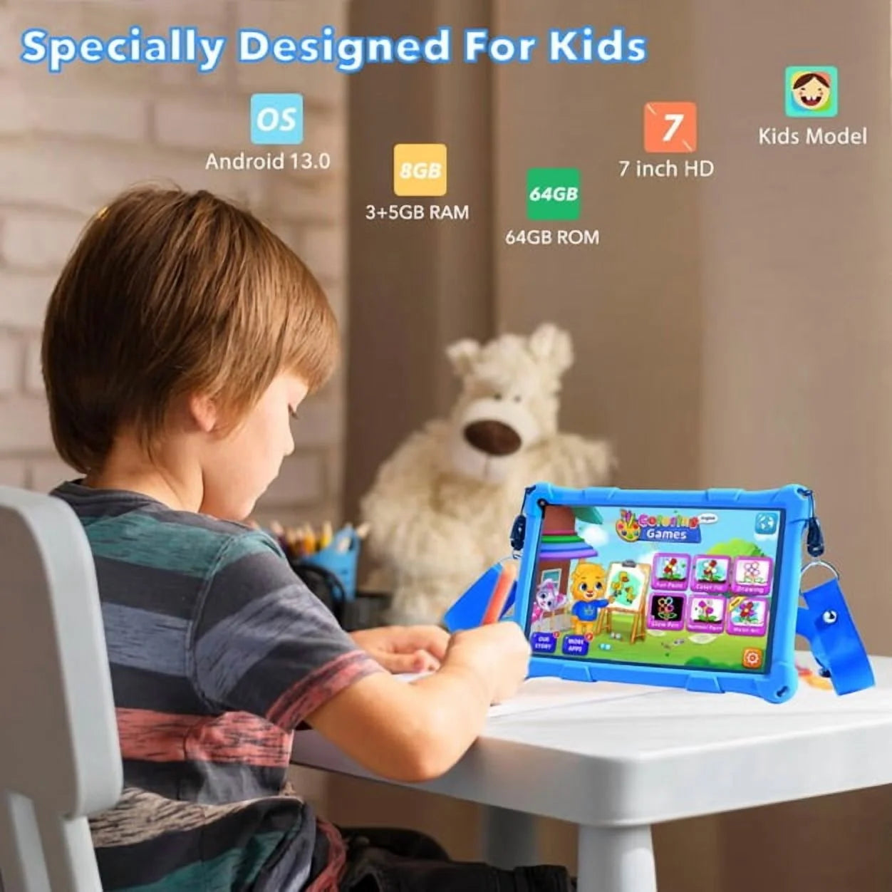 Kids Tablet, 7-Inch Kids Tablet, Android Tablet, 3+5 RAM 64GB ROM (TF CARD 256GB) Google Certified, Kids Software Pre-Installed, Wifi, Shockproof Case, Gift for Kids, (Blue)