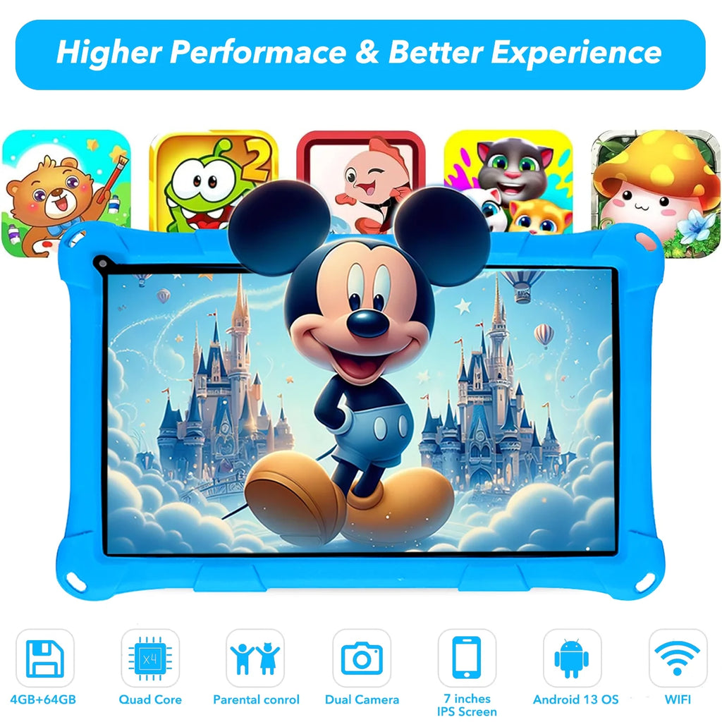Kids Tablet, 7-Inch Kids Tablet, Android Tablet, 3+5 RAM 64GB ROM (TF CARD 256GB) Google Certified, Kids Software Pre-Installed, Wifi, Shockproof Case, Gift for Kids, (Blue)