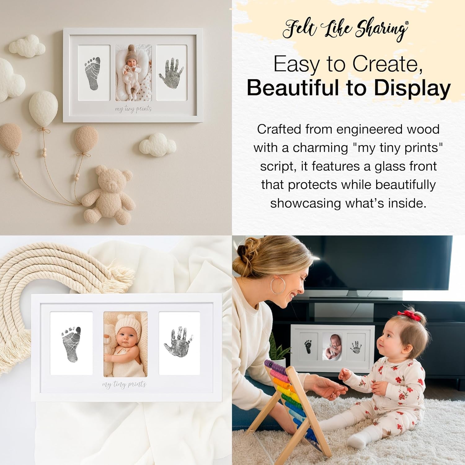 My Tiny Prints Baby Handprint & Footprint Kit – Gray Photo Keepsake Frame with Ink Pad for Newborn Hand and Foot Prints – Sentimental Holiday Decor for Keep Memories (17” L X 9.5” H)