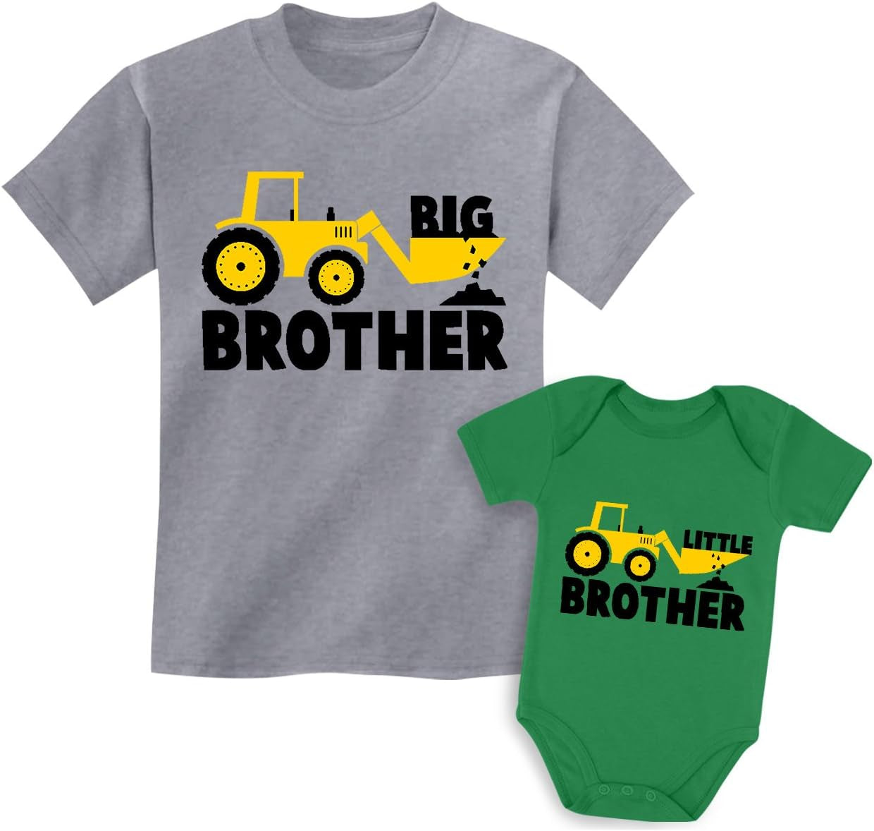 Big Brother & Little Bro Matching Tractor Outfits - Toddler T-Shirt & Baby Bodysuit - Sibling Gift for Boys