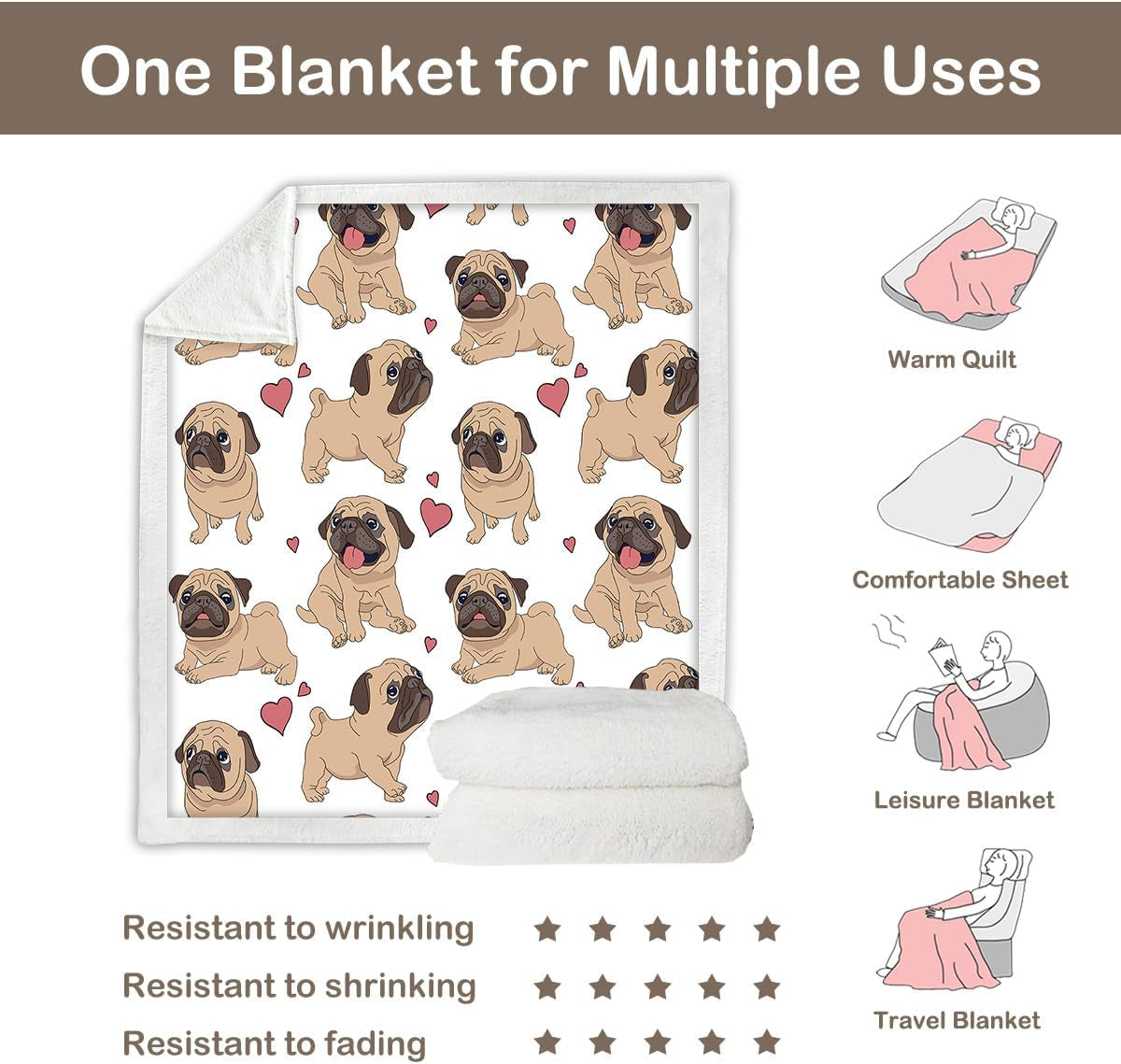 Pug Fleece Throw Blanket for Kids Adults Soft Fuzzy Cute Dog Sherpa Plush Blanket for Couch Bed, Throw(50"X 60")