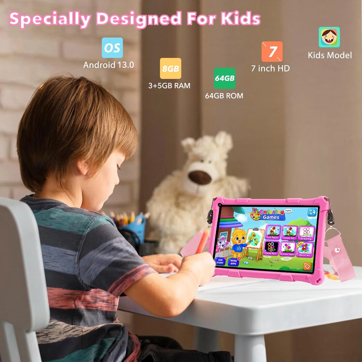 Kids Tablet, 7-Inch Kids Tablet, Android Tablet, 3+5 RAM 64GB ROM (TF CARD 256GB) Google Certified, Kids Software Pre-Installed, Wifi, Shockproof Case, Gift for Kids, (Pink)