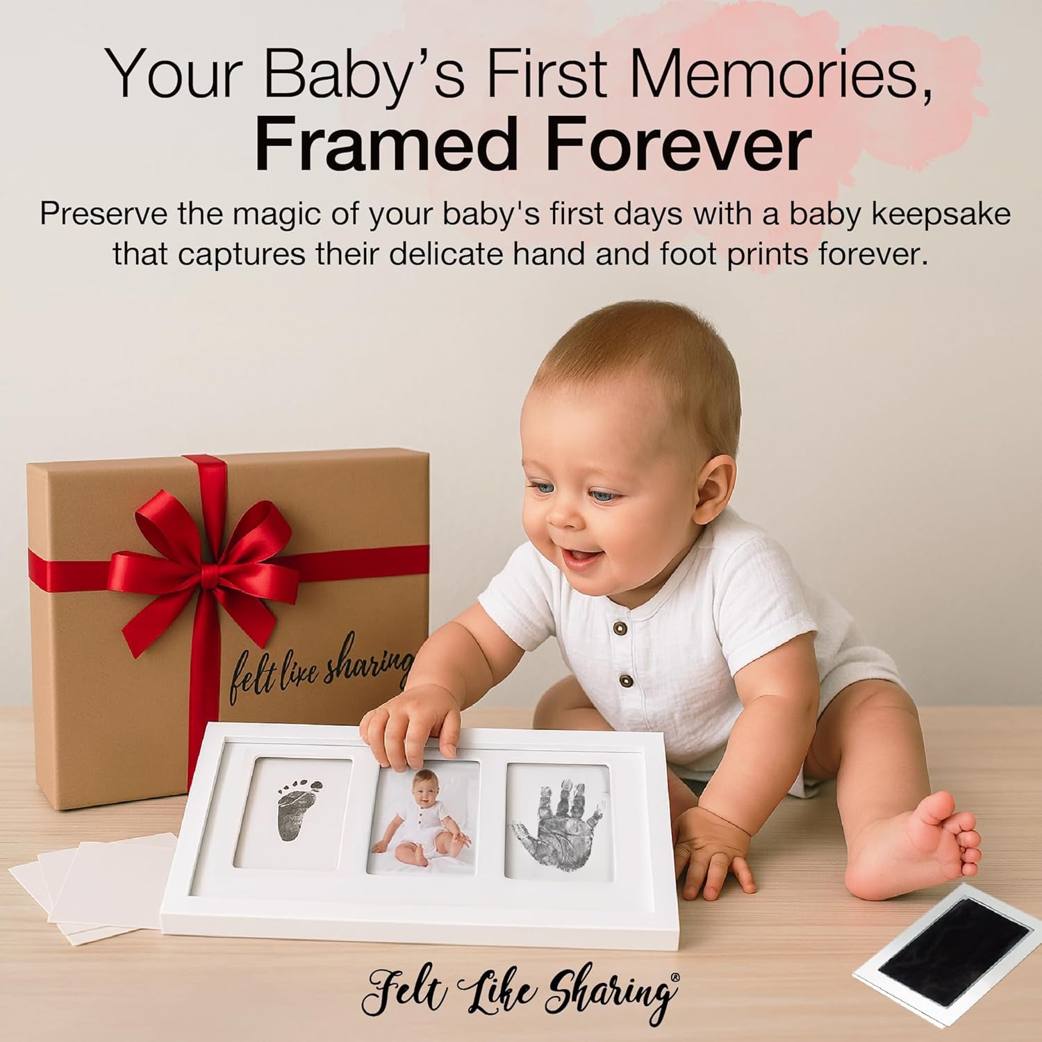 My Tiny Prints Baby Handprint & Footprint Kit – Gray Photo Keepsake Frame with Ink Pad for Newborn Hand and Foot Prints – Sentimental Holiday Decor for Keep Memories (17” L X 9.5” H)