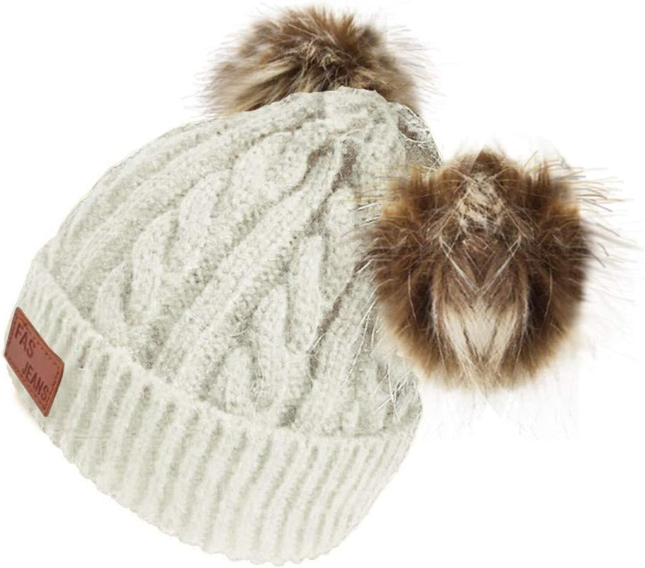 Infant Toddler Beanie Woolen Hat Pure Color Winter Twist Double Pom Pom Wool Knitted Cap for 0-3 Years Old (0-3 Years Old, B- White)