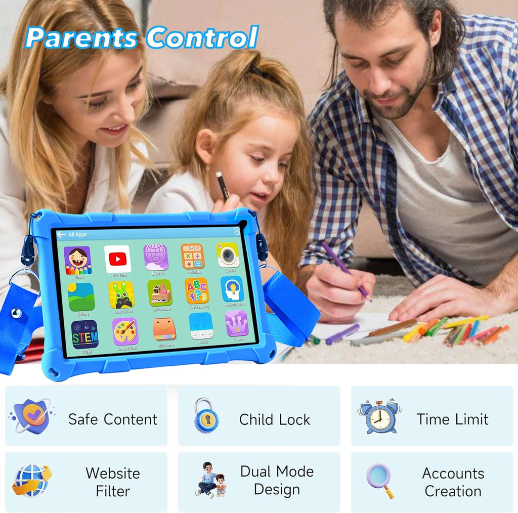 Kids Tablet, 7-Inch Kids Tablet, Android Tablet, 3+5 RAM 64GB ROM (TF CARD 256GB) Google Certified, Kids Software Pre-Installed, Wifi, Shockproof Case, Gift for Kids, (Blue)
