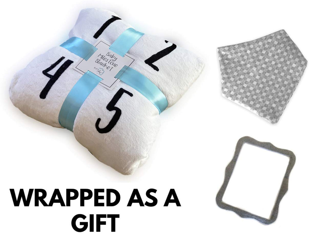 Baby Monthly Milestone Blanket | Includes Bib and Picture Frame | 1 to 12 Months | 100% Organic Fleece Extra Soft | Best Baby Shower Gift | Photography Backdrop Photo Prop for Newborn Boy & Girl