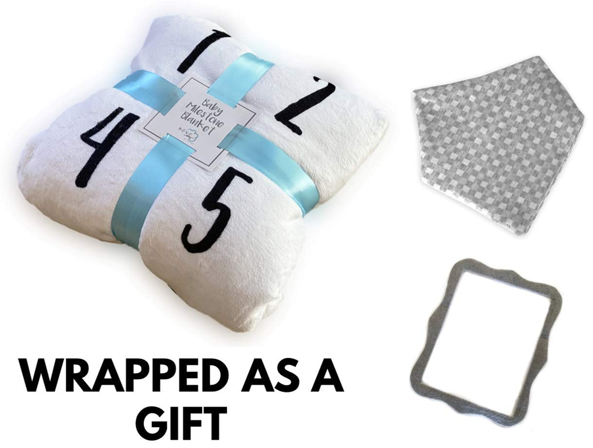 Baby Monthly Milestone Blanket | Includes Bib and Picture Frame | 1 to 12 Months | 100% Organic Fleece Extra Soft | Best Baby Shower Gift | Photography Backdrop Photo Prop for Newborn Boy & Girl