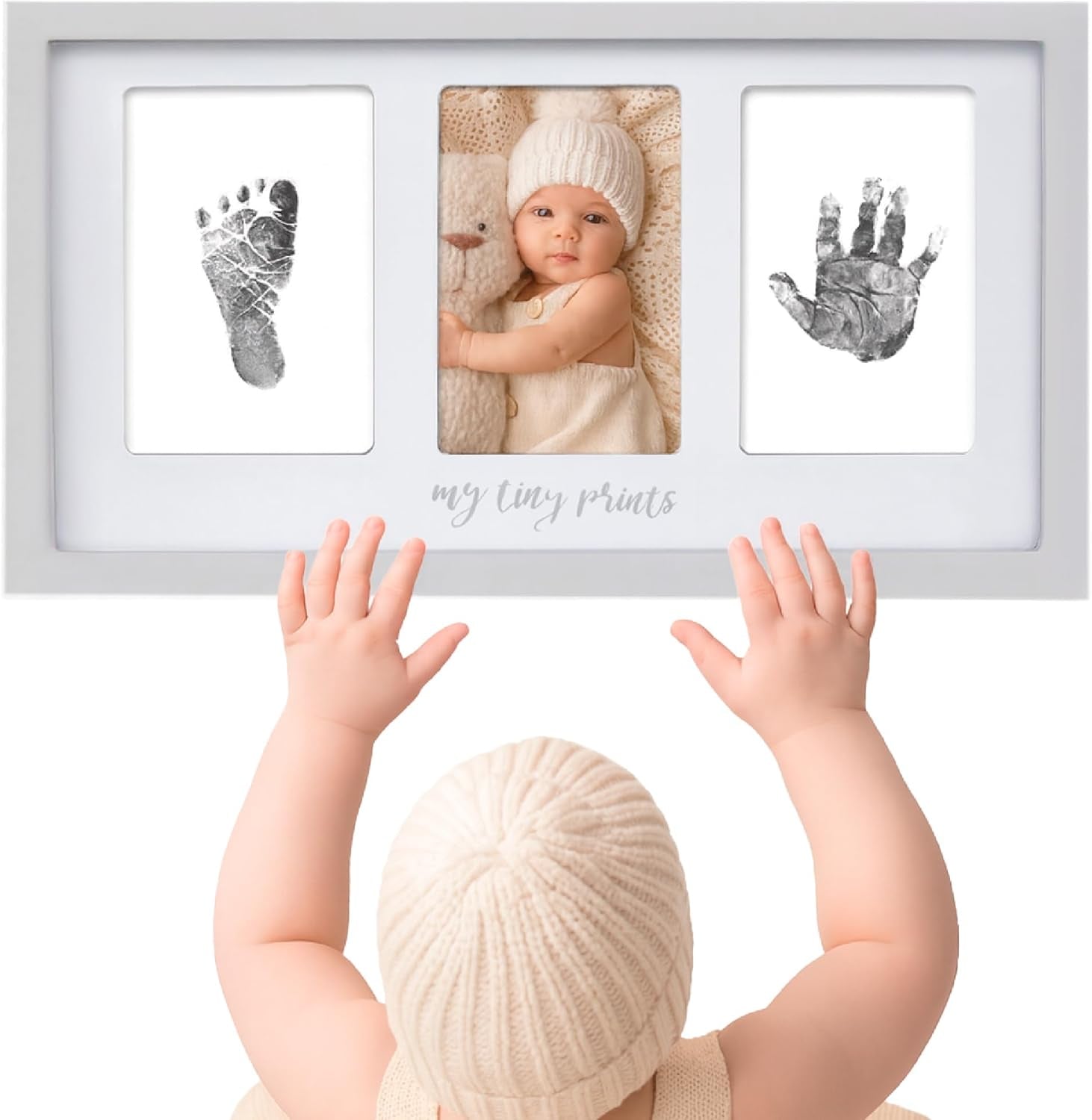 My Tiny Prints Baby Handprint & Footprint Kit – Gray Photo Keepsake Frame with Ink Pad for Newborn Hand and Foot Prints – Sentimental Holiday Decor for Keep Memories (17” L X 9.5” H)