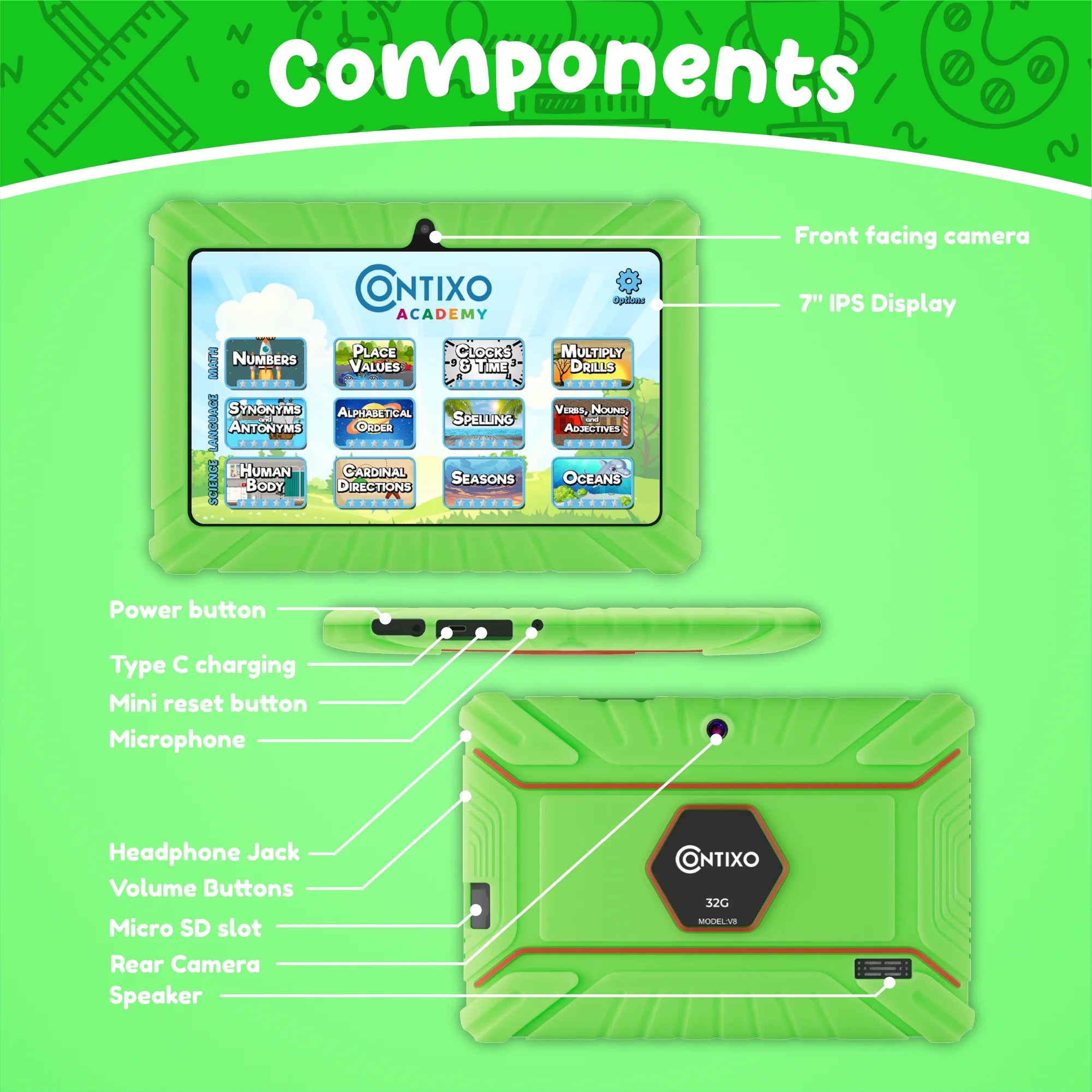 7" Kids Tablet, 2025 Model, Ages 3-7,  Academy, Kid-Proof Case, 32GB Android Tablet – Green