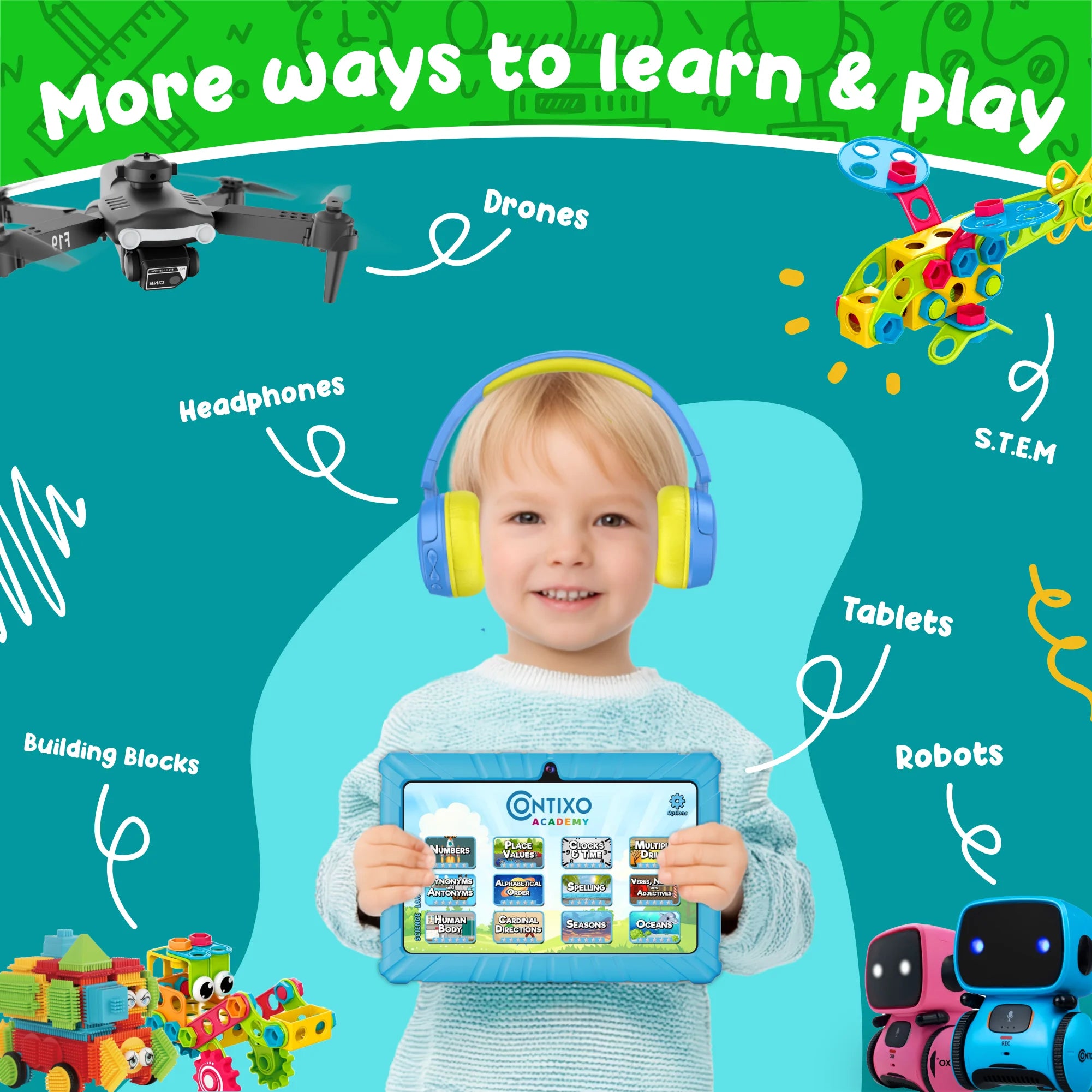 7" Kids Tablet, 2025 Model, Ages 3-7,  Academy, Kid-Proof Case, 32GB Android Tablet – Green