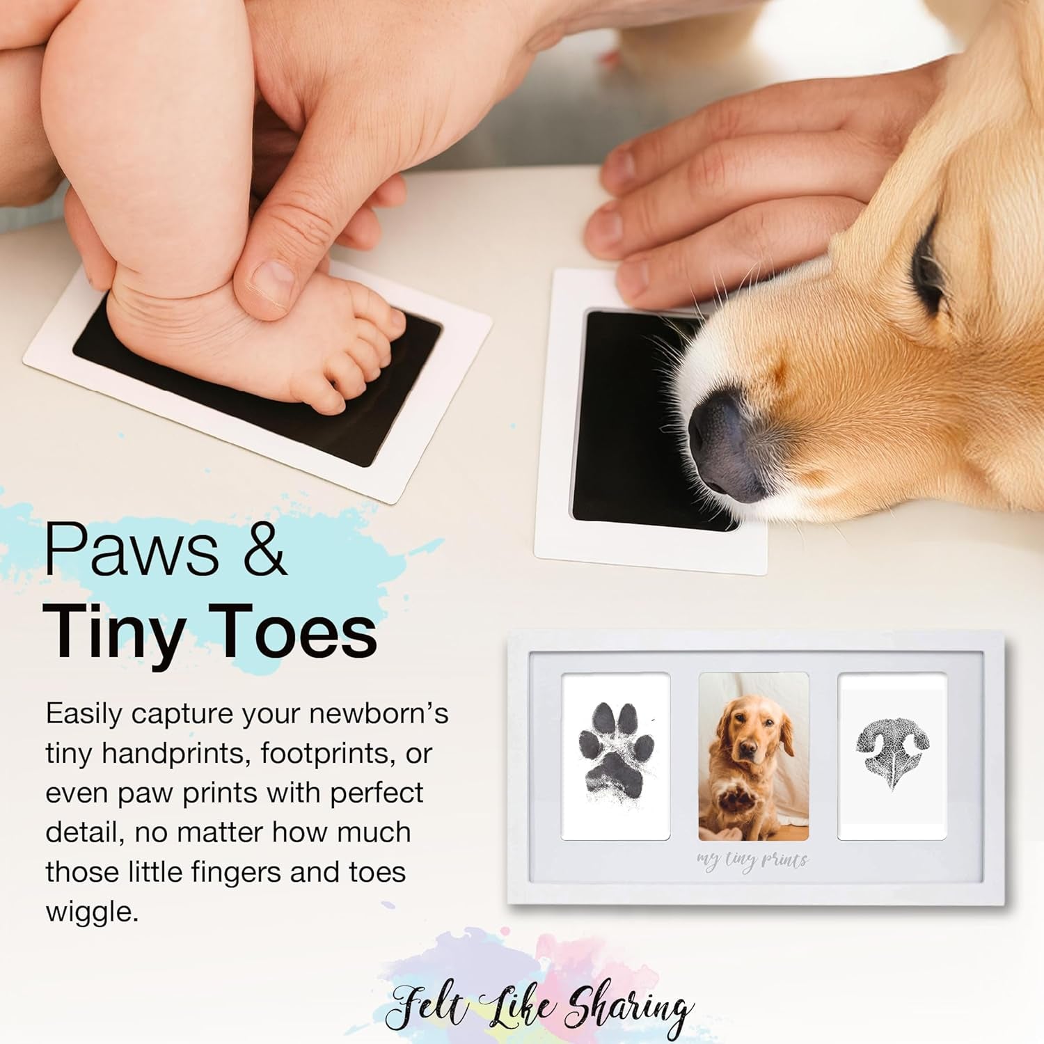 My Tiny Prints Baby Handprint & Footprint Kit – Gray Photo Keepsake Frame with Ink Pad for Newborn Hand and Foot Prints – Sentimental Holiday Decor for Keep Memories (17” L X 9.5” H)