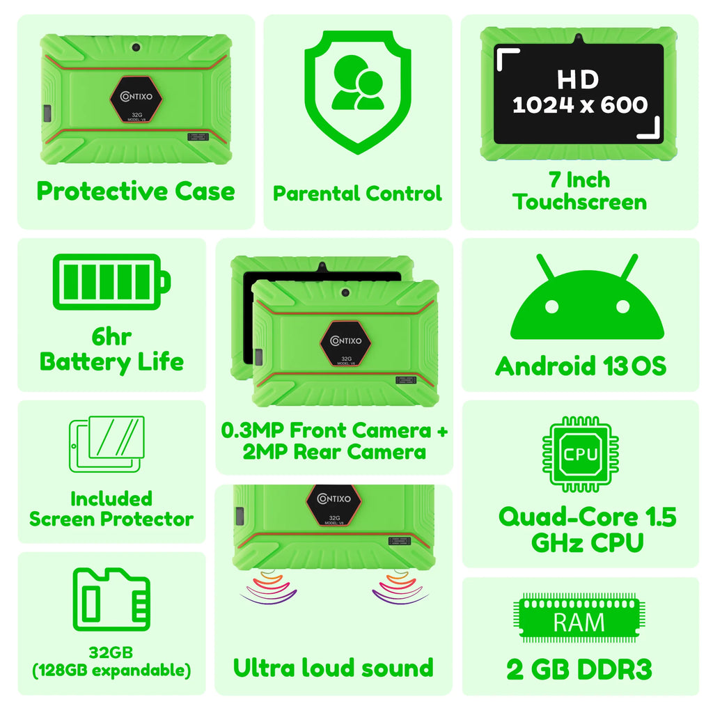 7" Kids Tablet, 2025 Model, Ages 3-7,  Academy, Kid-Proof Case, 32GB Android Tablet – Green